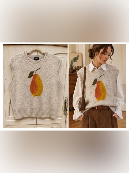 Cider Jackets & Blazers - Cider Pear Sweater Vest Size Large Cozy Knit Fruit Graphic Neutral